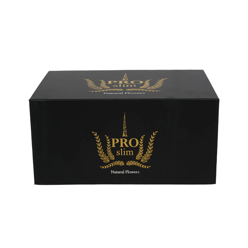 Coffret cadeau pliable à fond verrouillable avec finition noire mate et estampage en feuille d'or