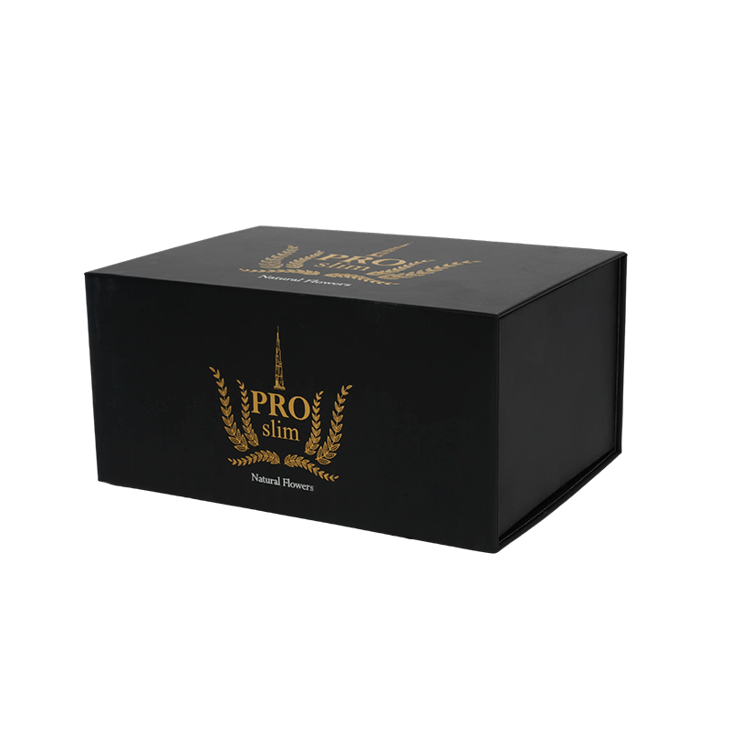 Coffret cadeau pliable à fond verrouillable avec finition noire mate et estampage en feuille d'or