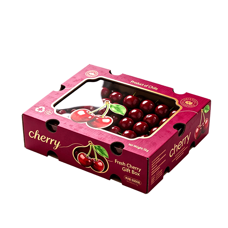 Boîte à cerises en carton ondulé bordeaux avec fenêtre et estampage à la feuille d'or