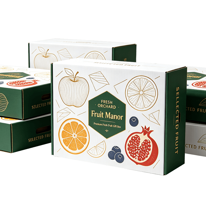 Coffret cadeau de fruits en carton ondulé entièrement fermé, illustré à la main Coffret cadeau de fruits en carton ondulé entièrement fermé, illustré à la main